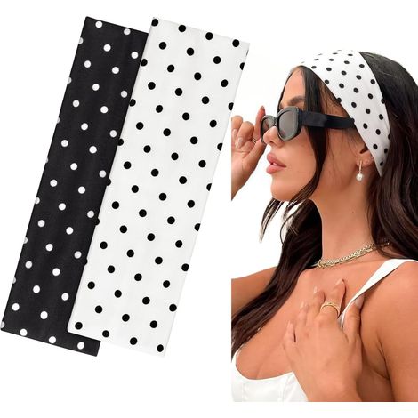 Bandeau Cheveux Femme Homme Sport, Bandeau Elastique 7cm Bandeaux Mode pour Femmes Exercice de Fitness Antidérapant Yoga Course (Pois Noirs et Blancs) (1/5)