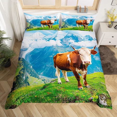 Parure de lit avec housse de couette 135 x 200 cm et 1 taie d'oreiller 135 x 200 cm Motif vaches vertes et montagnes Pour enfant garçon fille Vert/bleu/marron (1/5)