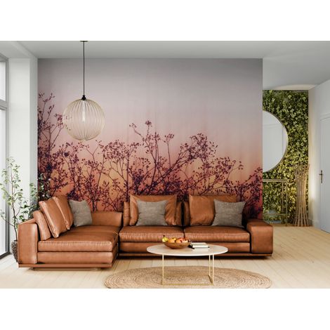 Papier peint nature – Silhouette de plantes au ciel orange - 150 x 250 cm (1/2)