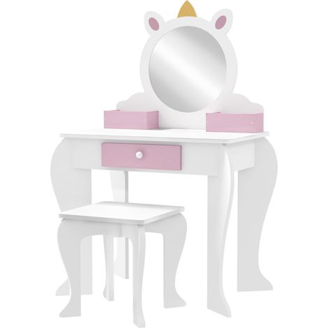 ZONEKIZ Set Toeletta Trucco Bambina 2 in 1 con Sgabello e Specchio, Rosa (1/5)