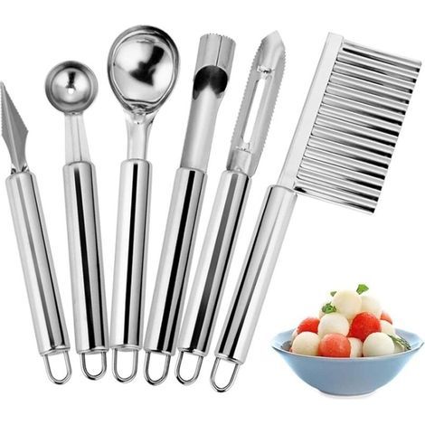 Juego de herramientas para frutas 6 en 1: cuchillo para tallar frutas, cuchara para sandía, cuchara para helado, deshuesador de manzanas, pelador de melón, cortador de papas para la preparación casera (1/5)