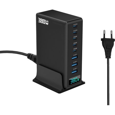 Station 380 W 8-Port-Adapter, 5 Typ C, 3 USB-Port-Netzteil für effiziente Geräte, Schwarz