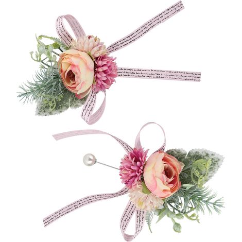 Ensemble de fleurs roses pour le marié, la mariée, le corsage de poitrine, les demoiselles d'honneur et les bracelets. Décoration de mariage. (1/5)