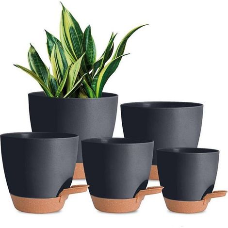 5-Piece Plastic Flower Pots, 17.8/16.5/15.2/13.9/12.7cm, Self-Watering Plastic Flower/Plant Pots with Saucer, Suitable for Indoor and Outdoor Balcony Gardens (Black/Brown) (1/4)