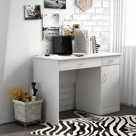 Moderner PC- und Computertisch mit 2 Schubladen und 1 Schrank, platzsparender Bücherregal-Schreibtisch für Büro oder Schlafzimmer aus Holz, Weiß