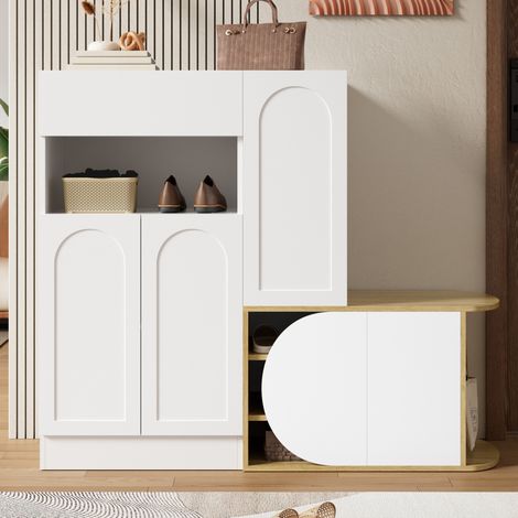 Zapatero con banco, 1 cajón, 5 puertas y hueco abierto MDF blanco y madera 130x35x110,5 cm (1/5)