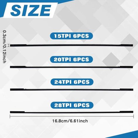 24 pièces Lames de scie à chantourner Assortiment de lames de scie à chantourner 6-1/2 15TPI 20TPI 24TPI 28TPI pour la réalisation de courbes complexes (1/3)