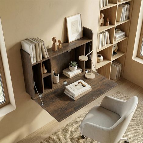 Bureau Suspendu Table Murale, Ordinateur, Tablette Rabattable Rangements, 77 x 20 x 51 cm (1/5)