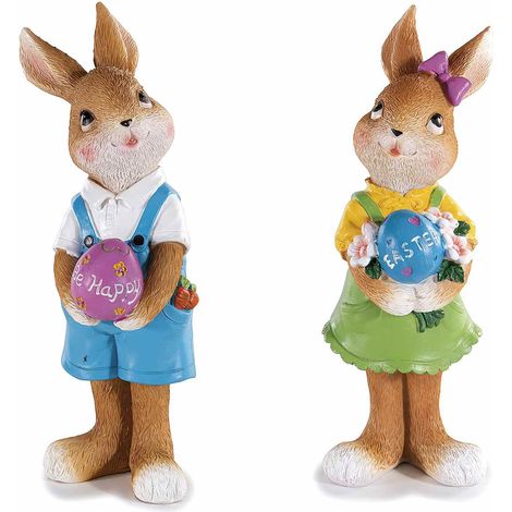 Conigli di Pasqua in coppia in resina colorata con uovo con scritta Easter / Be Happy da appoggiare, set da 6 pezzi, cm 6,5 x 8 x 16,5 H
