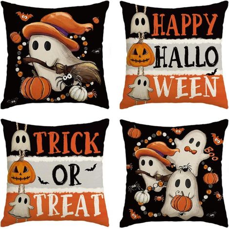 Set mit 4 schwarzen Dekokissenbezügen mit Kürbis- und Geistermotiv für Halloween, 45 x 45 cm (1/5)