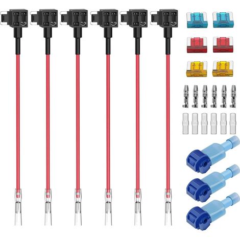6pcs 12V-24V Profile Bas Adaptateur de Fusible Add-A-Circuit avec Faisceau de Câbles,Mini Porte-Fusible avec 6pcs Fusibles de Remplacement(5A/10A/15A) (1/5)