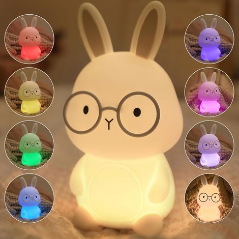 Veilleuse Enfants Lapin Lampe, Silicone Veilleuse Bébés,Tactile Lumiere d'allaitement Dimmable avec 7 Couleurs, Rechargeable pour Enfant Garcon Fille Lampe Chambre Night Light, Gris