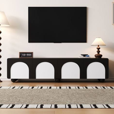Meuble TV à deux tiroirs et deux portes, meuble TV bas. Design classique noir et blanc. 180 x 38 x 45 cm (L x l x H)