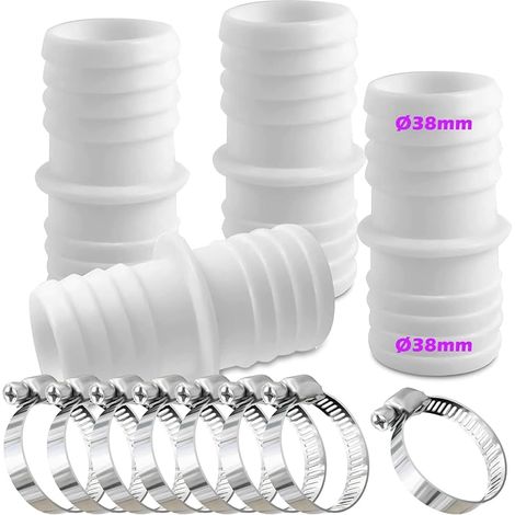 Lot de 4 raccords de tuyau de 38 mm avec 8 colliers de serrage - Adaptateur de tuyau double (blanc)