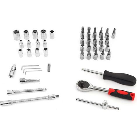 46-teiliges Autoreparatur-Werkzeugset mit Steckschlüsseln, Ratschenschlüsseln und Schraubendreherbits. (1/5)