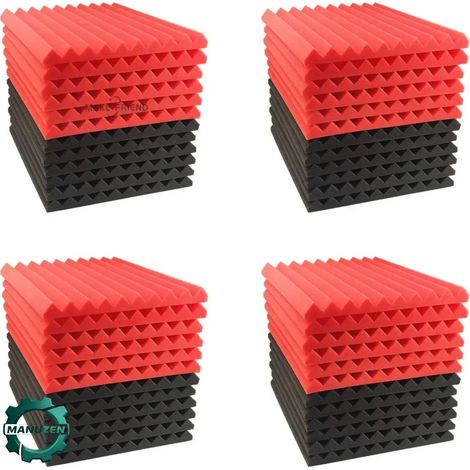 Manuzen - Lot de 48 panneaux acoustiques en mousse 30 × 30 cm pour studio — 24 noirs + 24 rouges — Haute densité (1/5)