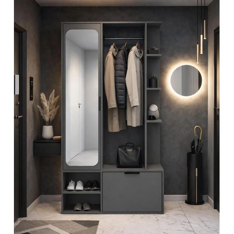 AX LIVING Garderobe Nemrut Grau mit Spiegel – Flurmöbel mit Stauraum