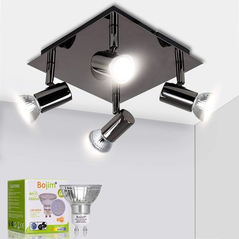 ZOLGINAH Luminaire Plafonnier LED 4 Spots Orientables Carré Moderne en Chrome Noir, 6W GU10 4500K Blanc Neutre AC220-240V IP20, Luminaire Plafond pour Salon Salle à Manger Cuisine, Ampoules Incluses (1/5)