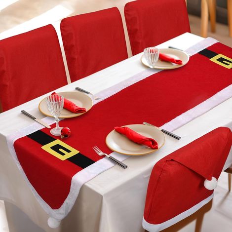 Ensemble de 6 Housses de Chaises de Noël avec Chemin de Table de Noël : comprend 1 chemin de table rouge de Noël et 6 housses de chaise à motif chapeau de Père Noël pour décoration de repas, cuisine, (1/4)