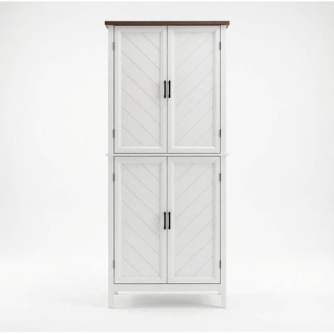 Buffet de cuisine 6 niveaux avec 4 portes vitrées, 4 étagères réglables, meuble de rangement en MDF blanc et plateau effet bois foncé 76 x 40 x 178,5 cm  CHICFURN (1/5)