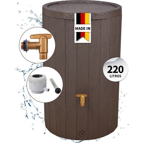4rain MADERA set completo depósito de agua de lluvia 220 L marrón incl. grifo de plástico y conexión al bajante