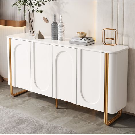 Buffet blanc à 4 portes push-to-open, rangement à 4 niveaux, 160x35x80,5 cm, MDF et pieds en fer (1/5)