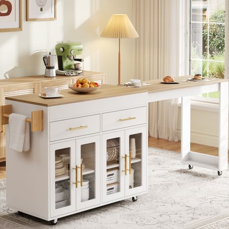 Îlot de cuisine 132.5-217x50x93 cm blanc en MDF avec table extensible, roulettes, rangements et portes vitrées (1/5)