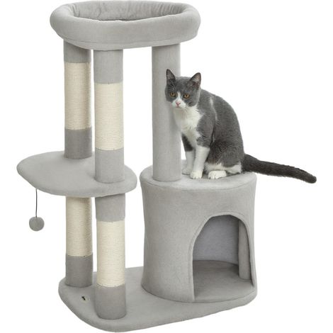 Pour Chats Tour de Jeux Arbre à Chat en Intérieur avec Niche en Peluche Poteaux Sisal et Lit Ouvert 90 cm Gris Clair (1/5)