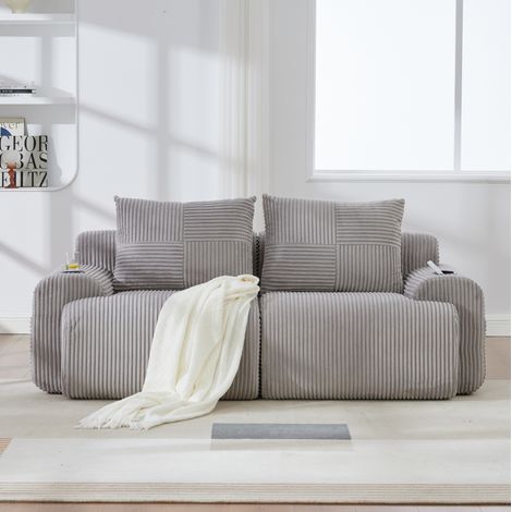 FloraGrace Canapé modulable 2 places 200 x 99 x 80 cm, corduroy gris clair, cupholder, poche latérale (1/5)
