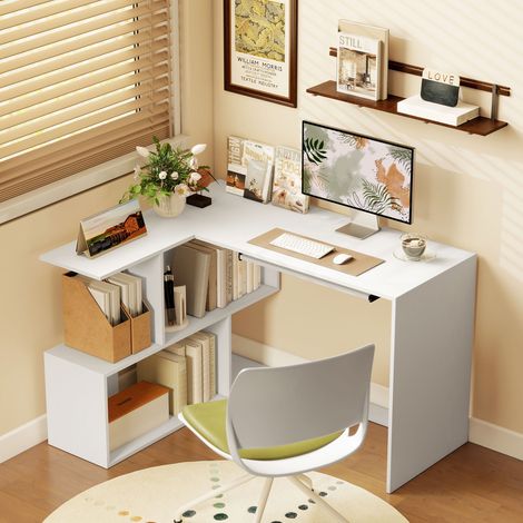 Bureau d'angle, bureau en L avec compartiments de rangement, tablette coulissante pour clavier, 120 x 100 x 76 cm, blanc (1/5)
