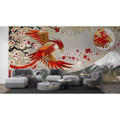Papier peint animaux - phénix rouge survolant des montagnes enneigées - 150 x 250 cm (1/2)