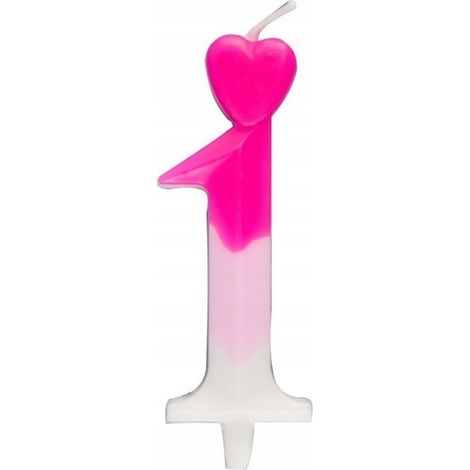 Candela numero 1 a forma di cuore, rosa e bianca, 6,5 cm