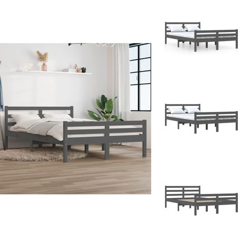 Cadre de lit sans matelas gris bois massif 140x190 cm - Cadre De Lit - Lit Double - Lit En Bois - Bois Massif - Design Moderne (1/5)