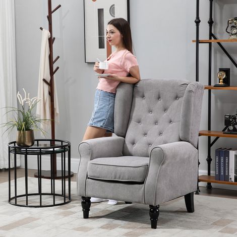 Fauteuil de salon capitonné avec assise large, pieds en bois, style classique, grand confort, 74 x 86 x 102 cm, gris