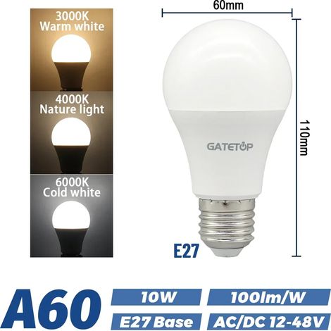 (10 W E27, lumière naturelle 4000 K) Lot de 10 ampoules LED 12 V-48 V, ampoules basse tension (1/2)