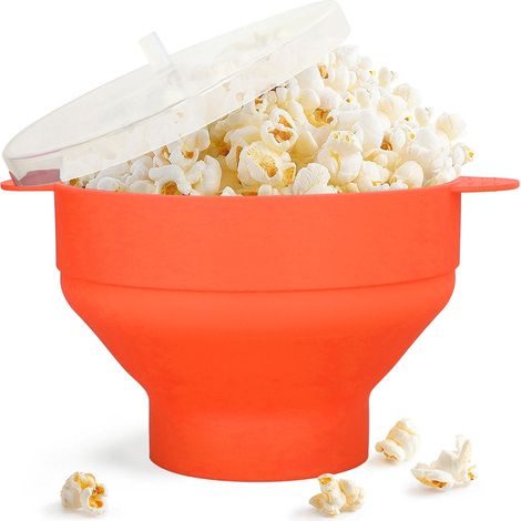 Große, mikrowellengeeignete Silikon-Popcornschüssel/Eimer mit Deckel und Griff, ofenfest, -40℃ bis +230℃, orange. (1/5)