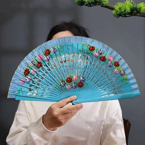 Éventail à main classique coloré de style chinois, décoratif traditionnel espagnol en bois pour décoration d'intérieur (1/5)