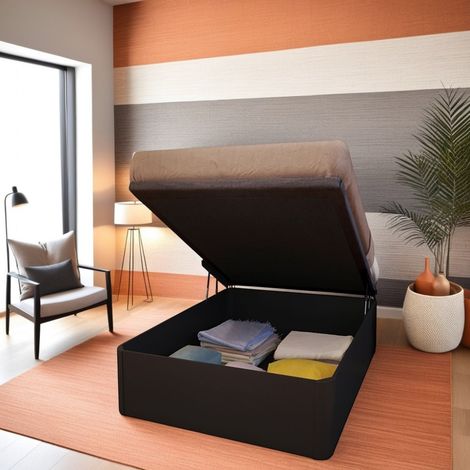 Le Quai Des Affaires – Lit coffre 90x200 cm – Structure en panneau de particules – Sommier tissu – Noir – Capacité coffre 540 litres – Hauteur 38 cm (1/5)