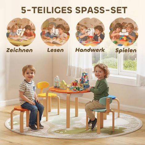 Lot de table et chaises enfant (5 pièces) avec housse de rangement, motif fleuri, parfait pour salle de jeux ou chambre, en bois multicolore. (1/4)