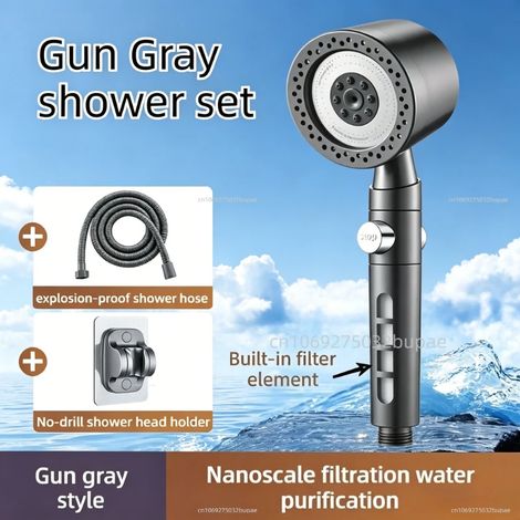 Ensemble complet de douche à 6 jets (gris, 3 pièces) : robinetterie, douchette et pommeau de douche hygiéniques à main, pression renforcée, pour salle de bain et usage domestique. (1/5)