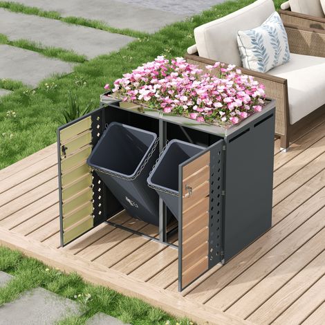 Cache-poubelle bois avec lames horizontales, verrouillable, double accès, bac à fleurs intégré, portes en panneaux losangés, abri extérieur pour conteneurs. (1/5)