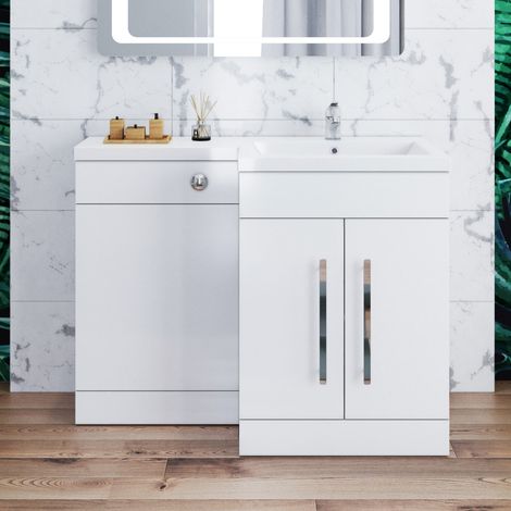 ELEGANT 1100 Bathroom Vanity Units with Basin L Shape Right Hand High Gloss White Vanity Sink Units + Vitreous Resin Basin + Concealed Cisterm (1/5)