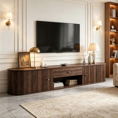 Mobile TV lowboard 180x40x40 cm in pannelli truciolari, colore noce, per TV 75 pollici (1/5)