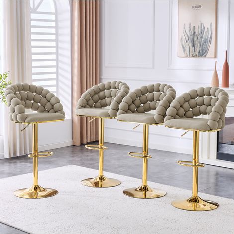 2er-Set grauer Barhocker aus Samt, höhenverstellbar 65-112 cm, goldfarbenes Metallgestell,45×52×112cm (1/5)