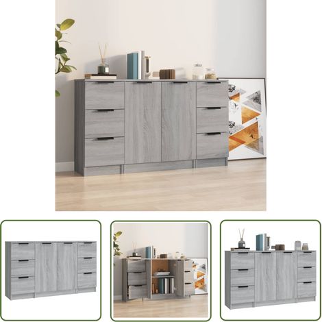 The Living Store Buffets 3 pcs Sonoma gris Bois d'ingénierie - Meubles De Rangement - Buffet - Meuble Tv - Commode - Salon (1/5)