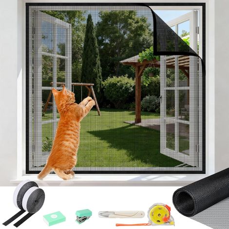 Filet anti-mouches pour chat - Protection de fenêtre - Sans perçage - Réglable - Avec ruban auto-adhésif, mètre ruban, ciseaux, agrafeuse (100 x 130 cm) (1/5)