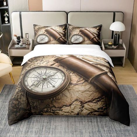 Housse de Couette Marine 240x260, Parure de Lit Boussole Vieux Journaux, Ensemble de Literie Carte du Monde pour Enfants (1/5)