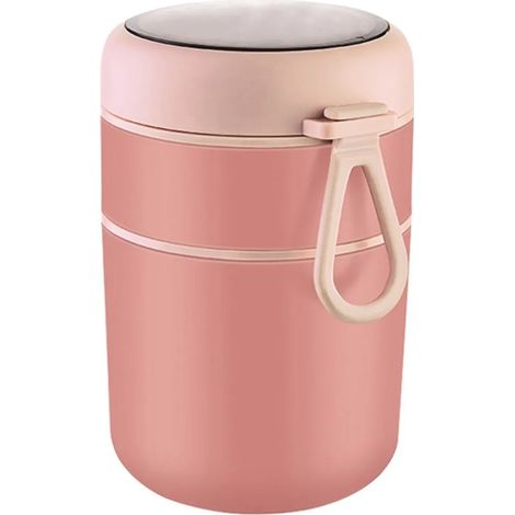 Contenant isotherme sept cent dix millilitres en acier inoxydable rose avec cuillère et anse pour repas nomades et lunch box (1/5)