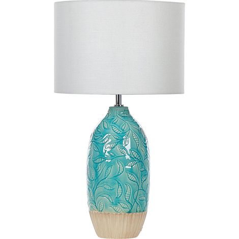 Lampada da tavolo con base in ceramica turchese e paralume in tessuto bianco boho rustico Ataba (1/5)