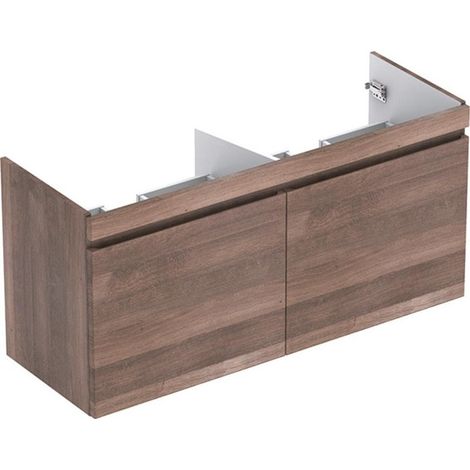 Mueble bajo Geberit Renova Plan para lavabo doble, con dos cajones y dos cajones ingleses: Ancho 122,6cm, Alto 58,6cm, Fondo 43,8cm, Roble / Film decorativo estructurado